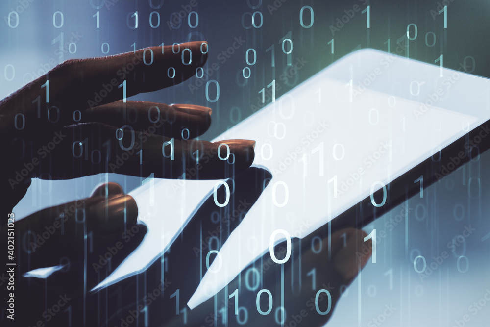 Poster creative concept of binary code illustration and finger clicks on a digital tablet on background. bi