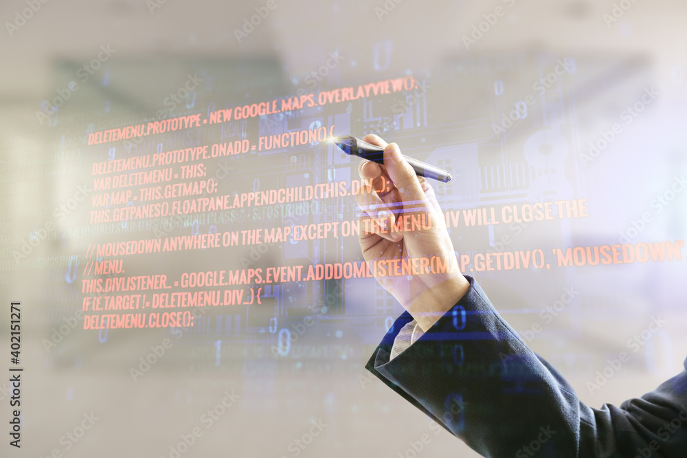 Poster multi exposure of businessman hand with pen working with abstract graphic coding sketch on blurred o