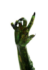 Scary monster on white background, closeup of hand. Halloween character