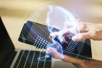 Double exposure of digital America map and finger clicks on a digital tablet on background, research and strategy concept