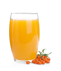 Delicious sea buckthorn juice and fresh berries isolated on white