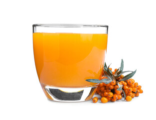 Delicious sea buckthorn juice and fresh berries isolated on white
