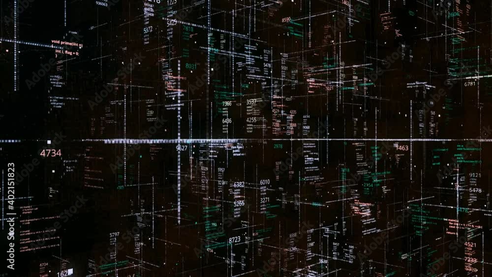 Poster cyberspace with numbers and data. animation. lots of flying numbers and codes in cyberspace on dark 
