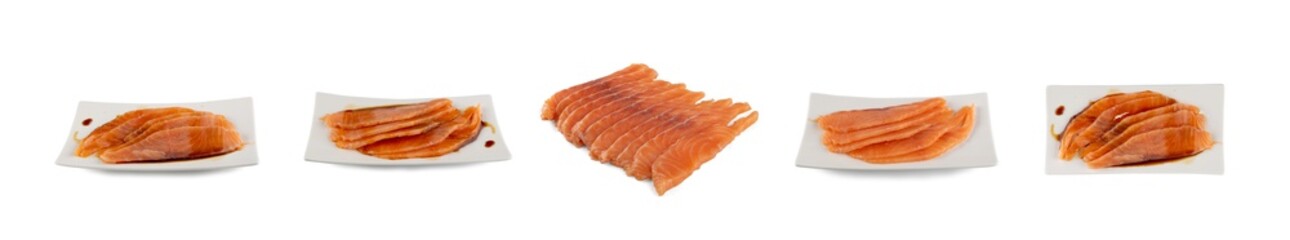Thin Slices of Raw Salmon Fillet Isolated on White Background