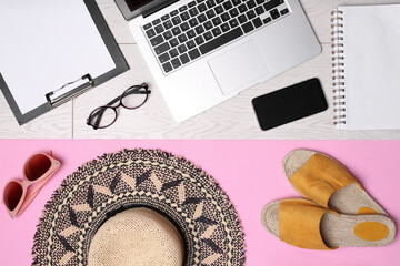 Flat lay composition with business supplies and beach accessories on color background. Concept of...