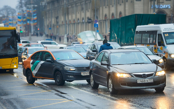 Minsk, Belarus. Dec 2020. Polo Hit Mazda From Behind, Rear End Collision. Car Crash Collision In Winter. Car Accident On City Road..