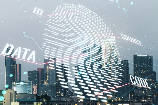 Multi exposure of virtual fingerprint scan interface on Los Angeles office buildings background, digital access concept