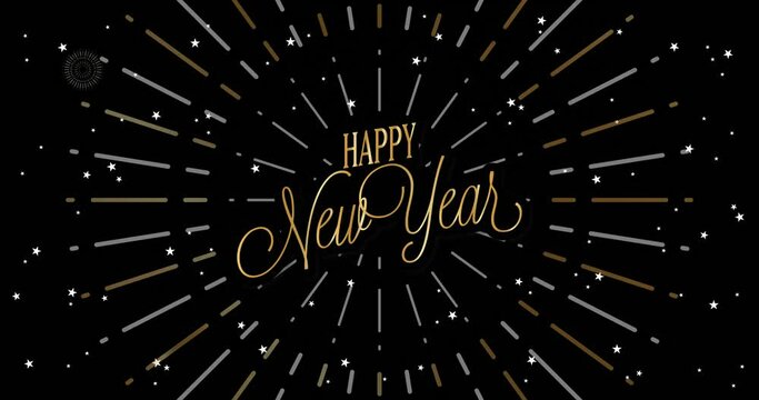 Happy New Year celebration card with fireworks for mailing, web invitation, greeting cards&hellip; animation made in 4K vector design. Black background and english text : HAPPY NEW YEAR