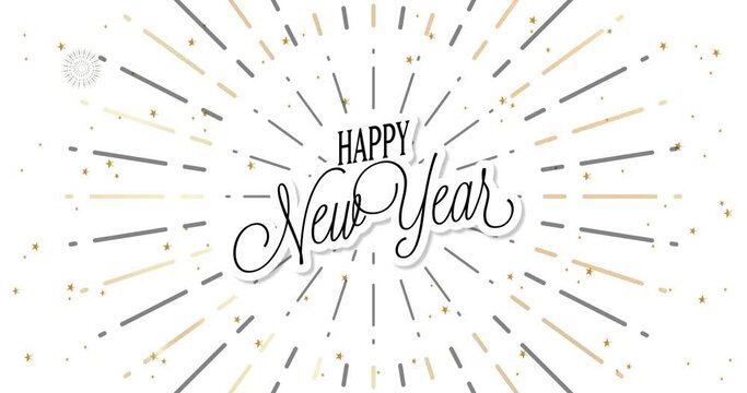 Happy New Year celebration card with fireworks for mailing, web invitation, greeting cards&hellip; animation made in 4K vector design. White background and english text : HAPPY NEW YEAR