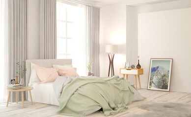 White bedroom interior. Scandinavian design. 3D illustration