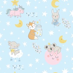 Seamless vector childish pattern with cute fox, bunny, unicorn, elephant, moon, stars. Creative scandinavian style kids texture for fabric, wrapping, textile, wallpaper, apparel.