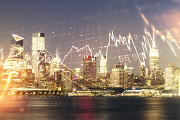 Multi exposure of virtual abstract financial graph interface on Manhattan cityscape background, financial and trading concept