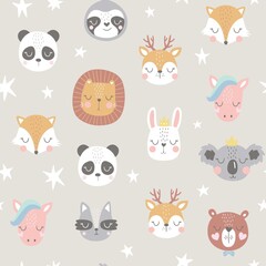 Seamless childish pattern with funny animals faces . Creative scandinavian kids texture for fabric, wrapping, textile, wallpaper, apparel. Vector illustration
