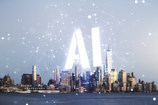 Abstract virtual artificial Intelligence symbol hologram on New York city skyline background. Multiexposure