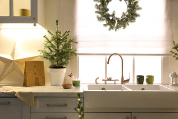 Small Christmas tree and festive decor on countertop in kitchen