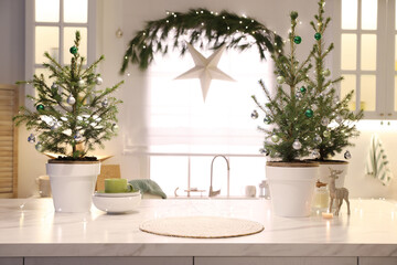 Fototapeta na wymiar Small Christmas trees and festive decor in kitchen