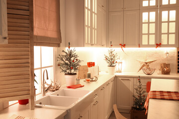 Small Christmas trees and festive decor in kitchen
