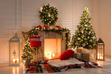 Beautiful Christmas themed photo zone with fireplace and fir decor