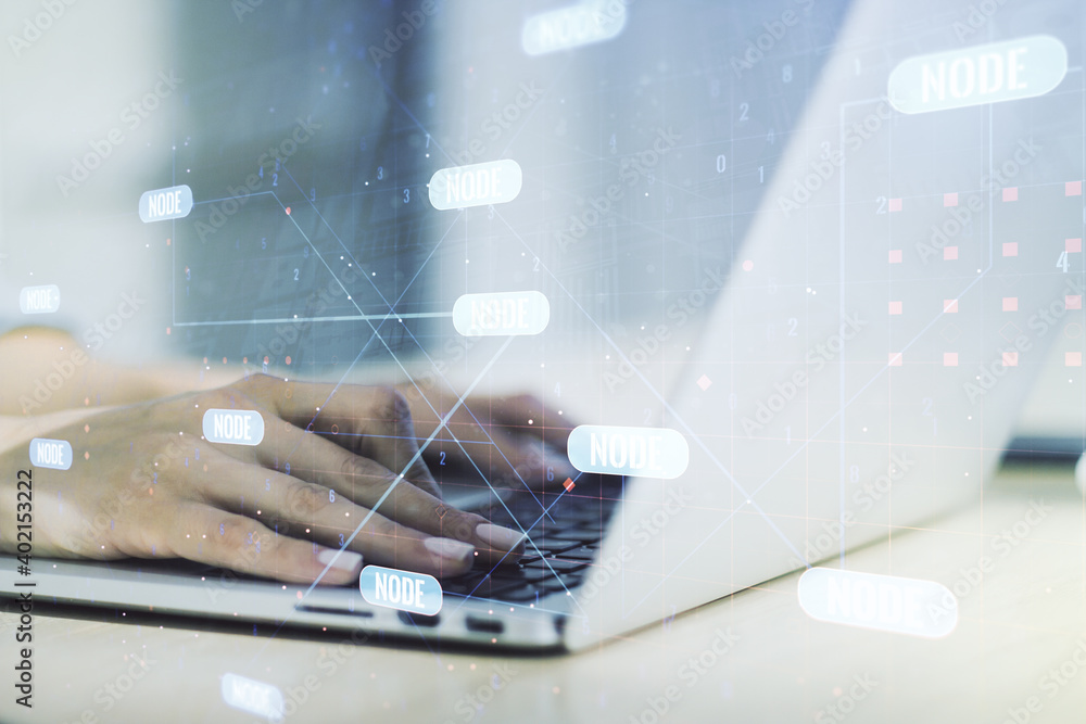 Poster double exposure of abstract creative programming illustration and hands typing on laptop on backgrou
