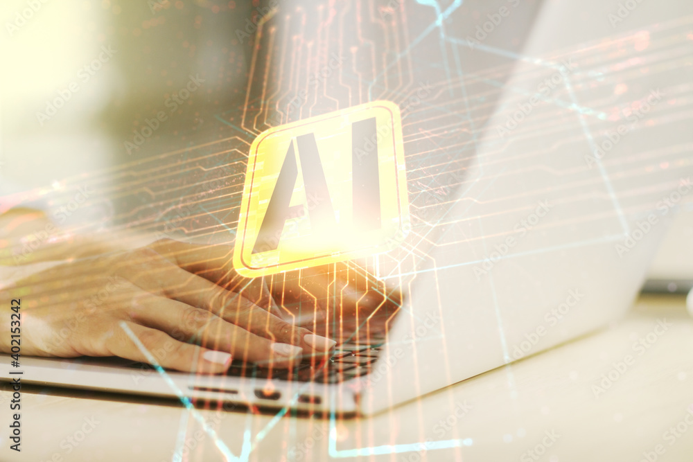 Poster double exposure of creative artificial intelligence icon with hands typing on laptop on background. 