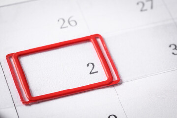 Calendar with date slider on February 2nd, closeup. Groundhog day