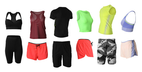 Collection of stylish sportswear on white background. Banner design