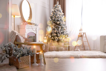 Beautiful room interior with Christmas tree and fireplace
