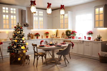 Stylish kitchen interior with beautiful Christmas decor