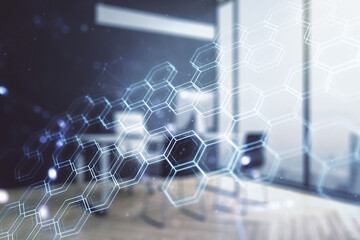 Naklejka premium Creative concept of wireless technology with hexagon hologram and modern desktop with computer on background. Big data and database concept. Multiexposure