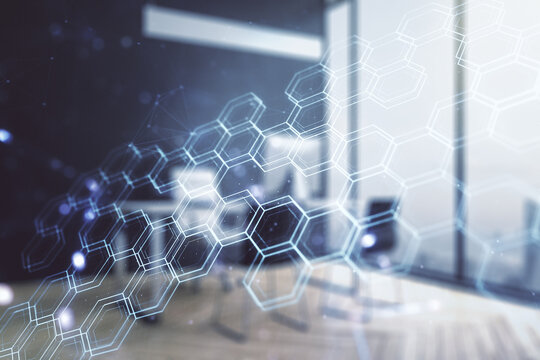 Creative concept of wireless technology with hexagon hologram and modern desktop with computer on background. Big data and database concept. Multiexposure