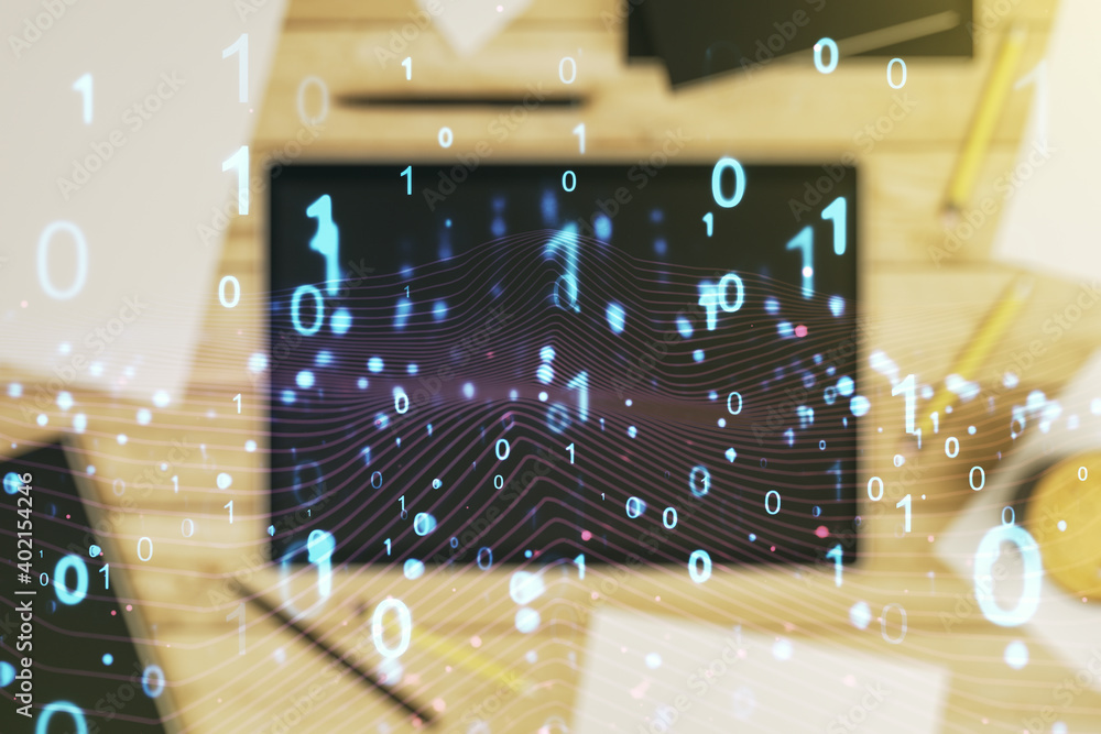 Poster creative abstract binary code hologram and modern digital tablet on desktop on background, top view,