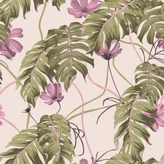 Foto op Aluminium Floral seamless pattern, pink cosmos flowers and split-leaf Philodendron on bright orange © momosama