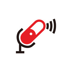 connection microphone icon for broadcast or podcast sign - red, white and black illustrations 