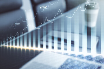 Double exposure of abstract creative financial chart on modern laptop background, research and strategy concept