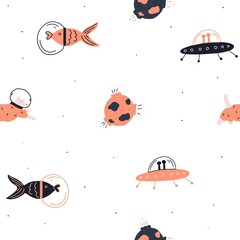 Hand drawn illustration. UFO space ship planet futuristic unknown flying object dog fish in space suits. Vector element of seamless pattern. Vector illustration