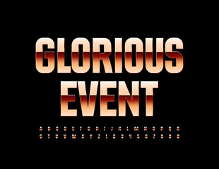 Vector elite flyer Glorious Event. Pink Gold elegant Alphabet Letters and Numbers set. Shiny luxury Font