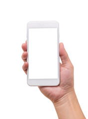 Hand holding a white smartphone with blank screen isolated on white background with clipping path
