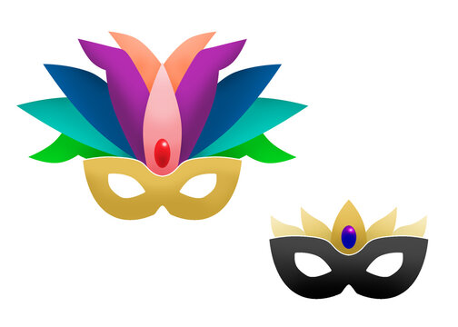 Two fancy masks with colorful jewels and feathers