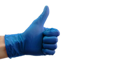 Male hand in blue medical gloves showing thumbs up sign isolated on white background. Health concept. Coronavirus pandemic. Everything will be fine