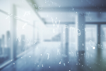 Scientific formula illustration on modern interior background, science and research concept....