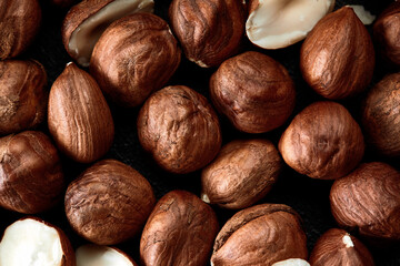 Close up of Hazelnut kernels - Food Frame Background, macro detailed close up.