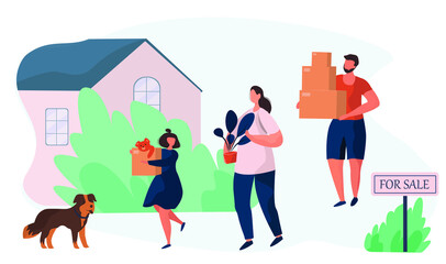 Happy Family Buying Home.House For Sale.Family Characters Buy New House.Buying Real Estate Apartments.Moving Home.Relocation Process.Flat Vector Illustration 