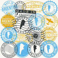 Argentina Set of Stamps. Travel Passport Stamp. Made In Product. Design Seals Old Style Insignia. Icon Clip Art Vector.