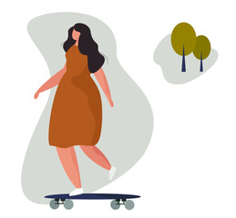 Girl riding skateboard at skatepark. Active young woman Character riding on longboard in city park with trees. Healthy lifestyle concept. Flat Vector Illustration.