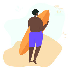 Guy is holding a surfboard on the beach. Back view of going surfer. Summer african character with a view to the sea with palm. Beach activity, sea sport. Colorful flat vector illustration.