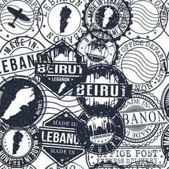 Naklejka premium Beirut Lebanon Stamps Background. City Stamp Vector Art. Postal Passport Travel. Design Set Pattern.