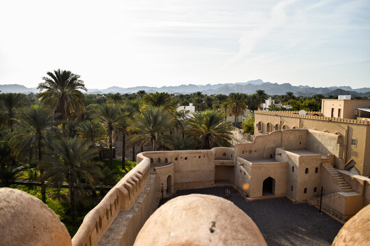 Nizwa Fort's walls seen from above. There are trees and palm trees in the background. Nizwa, Oman.