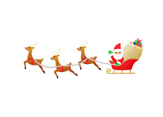 Santa with red sleigh carrying christmas presents with the group of reindeers