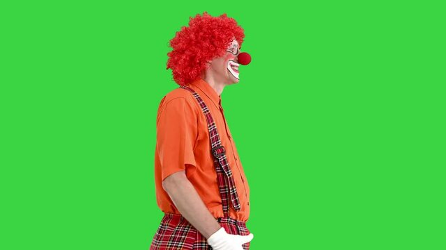 Funny clown with red hair walking comically on a Green Screen, Chroma Key.