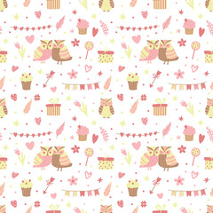 Seamless pattern with sweets and hearts. Valentine's Day Background. Vector illustration